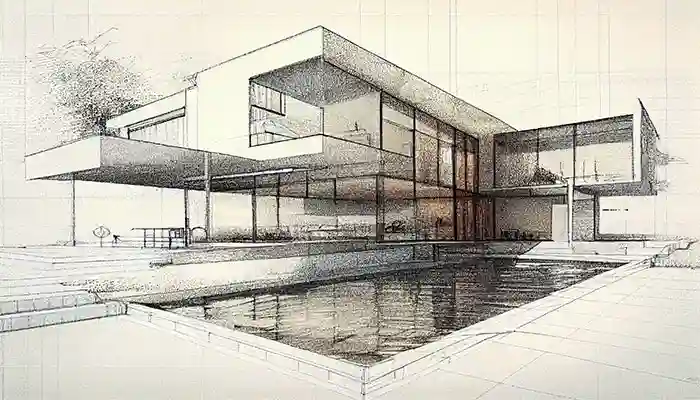 sketch luxurious modern house and pool for professional renderings