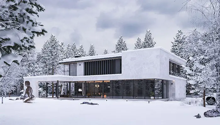 exterior rendering of modern villa at winter